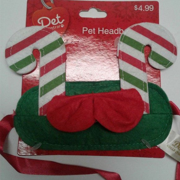 Candy Cane Pet Headband New Christmas holiday Adjustable Green Red Dog Cat - Picture 2 of 4